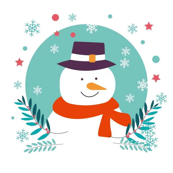 Χιονάνθρωπος Χαρακτήρα Των Χριστουγέννων Χειμερινές Διακοπές Και Κλαδιά Φύλλα — Διανυσματικό Αρχείο