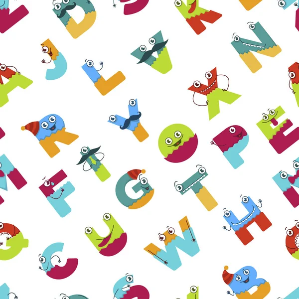 Funny Alphabet Cartoon Characters Kids Design Seamless Pattern — Stock Vector