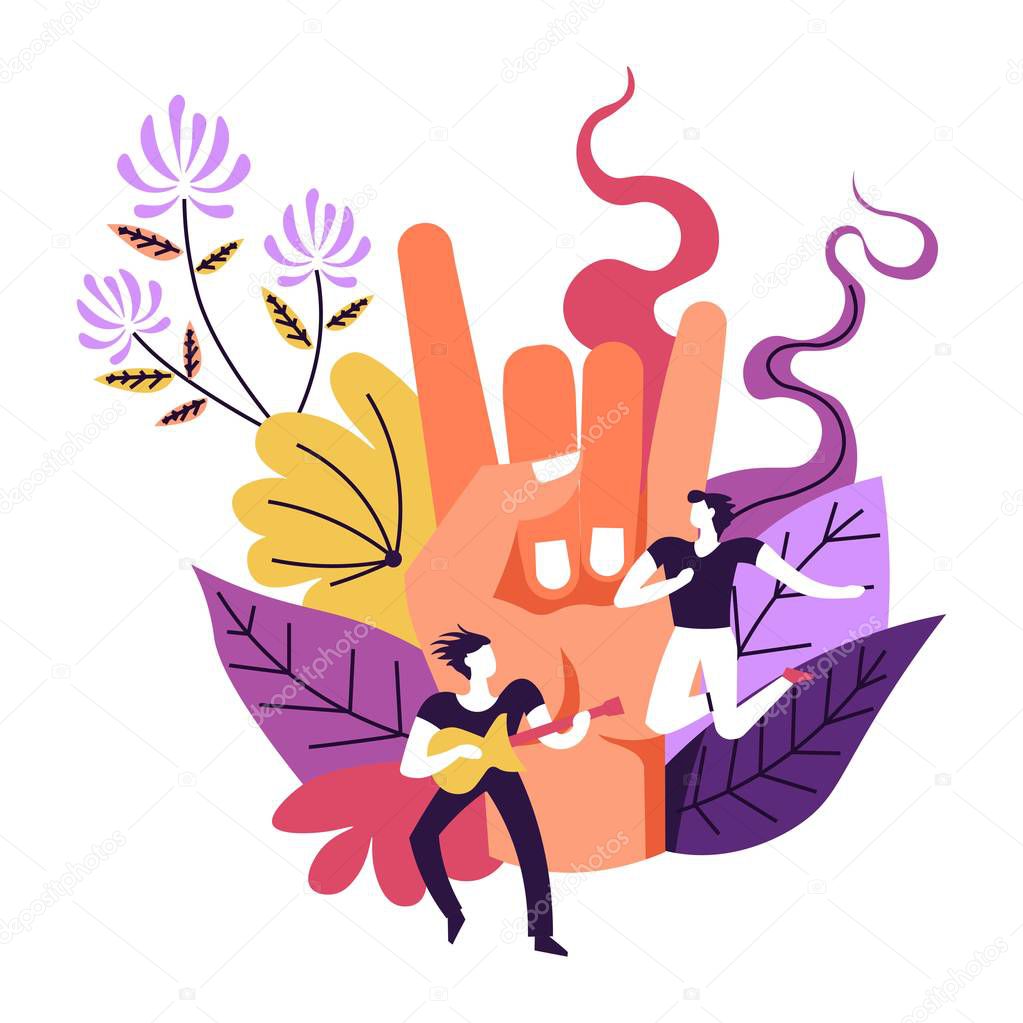 Music concert of rockers, musician playing guitar. Hand gesturing horn, symbol of rock'n'roll, guitarist giving musical performance for people. Entertainment by man, foliage and flowers decor.