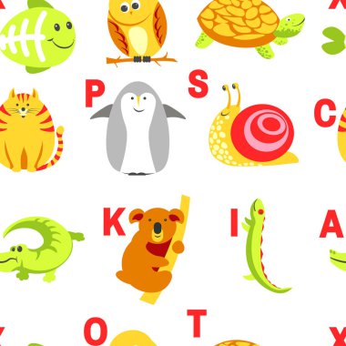 Alfabe hayvanlar ve harfler çocuk vektör için malzeme çalışma. Tek boynuzlu at, köpek ve kirpi, fare ve kedi, balık ve kaplumbağa, salyangoz ve timsah için U. Öğrenmek küçük çocuklar için abc ile Seamless modeli