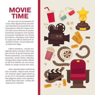 Sinema reklam banner sembolik sinematografik ekipman, Altın Ödülü ve daire izole karikatür düz vektör çizim içinde seans için aperatif.