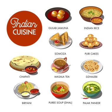 Hint mutfağı gıda geleneksel yemekleri. Tavuk Tandır samoza, köri pirinç ve sebze Çapati ekmek, masala püre çorba ve safran dzhalebi. Hindistan Restoran Menü düz simgeler vektör set