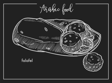 Falafel Pide geleneksel Arapça gıda ile. Kıyılmış nohut, derin yağda kızartılmış topları terbiyeli sıcak baharat izole tek renkli karikatür düz vektör çizim ile