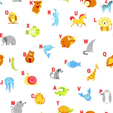Alfabe hayvanlar ve harfler çocuk vektör için malzeme çalışma. Tek boynuzlu at, köpek ve kirpi, fare ve kedi, balık ve kaplumbağa, salyangoz ve timsah için U. Öğrenmek küçük çocuklar için abc ile Seamless modeli