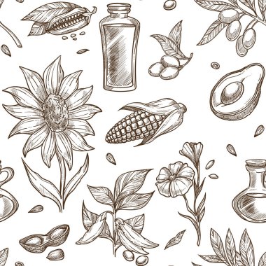 Petrol doğal maddeler Dikişsiz desen koleksiyonu. Egzotik avokado, taze fıstık, keten tohumu, Olgun soya, çiçek açan ayçiçeği, aromatik susam, zeytin dalı ve Mısır üzerinden alan tek renkli vektör çizimler.