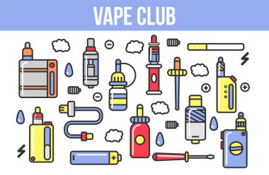 Vape bölge Internet posteri için sigara lezzet ile modern cihazlar ve aksesuarları şarj için alışveriş ve çizgi film düz vektör çizim beyaz arka plan üzerinde örnek metin ile doldurma.
