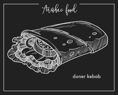 Hünkar taze dilimlenmiş sebze, lezzetli dolu karşılamak ve geleneksel Arap yemekleri izole tek renkli düz vektör çizim büyük marul yaprakları ince Pide sarılmış