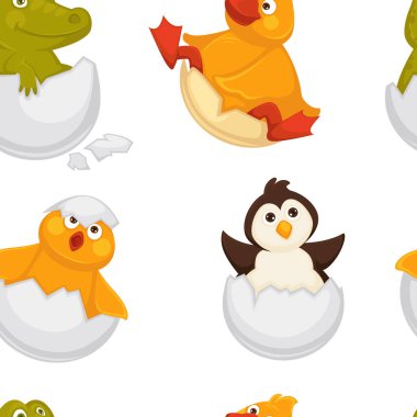 Animals born from eggs, eggshells and reptiles seamless pattern vector. Fluffy chicken, penguin and dragon, snake and alligator sitting in shell. Small newborn creatures , serpent and hen hatching clipart