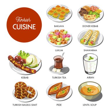 Turkish cuisine food and traditional dishes of doner kebab and shawarma, pide bread or smith bagel snack, lentil soup, lukum and baklava pastry desserts. Vector icons for Turkey restaurant menu clipart
