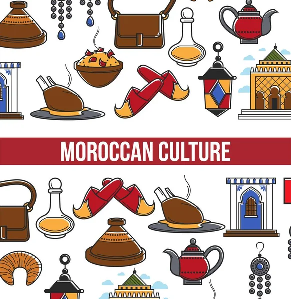 Marokko Reisbureau Promo Informatieve Poster Met Culturele Symbolen Elegante Kleding — Stockvector