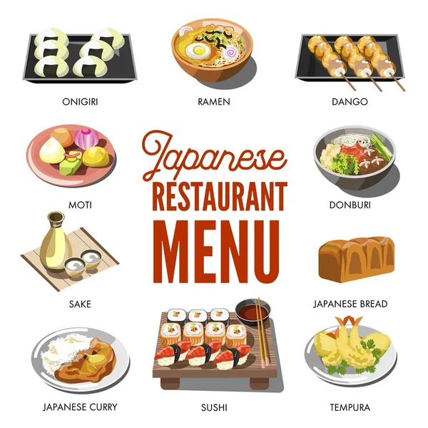 Cuisine Japonaise Plats Traditionnels Nouilles Ramen Udon Donburi Onigiri Fruits — Image vectorielle