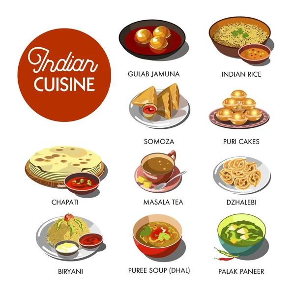 インド料理伝統的な料理 鶏タンドリー チキン Samoza カレーとチャパティ マサラのピューレ スープとサフランの Dzhalebi で野菜 インド — ストックベクタ