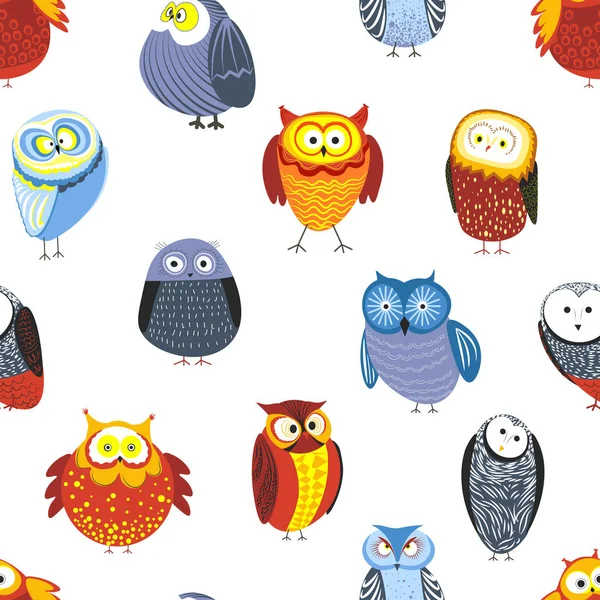 Owls Cartoon Kid Funny Characters Feather Ornament Seamless Pattern Vector — Stock Vector