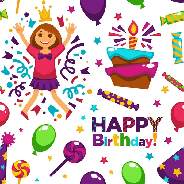 愉快的生日派对与气球无缝模式向量 小女孩戴皇冠庆祝节日 目前盒与带火蜡烛的丝带蛋糕 面包店与奶油 糖果和棒糖 — 图库矢量图片