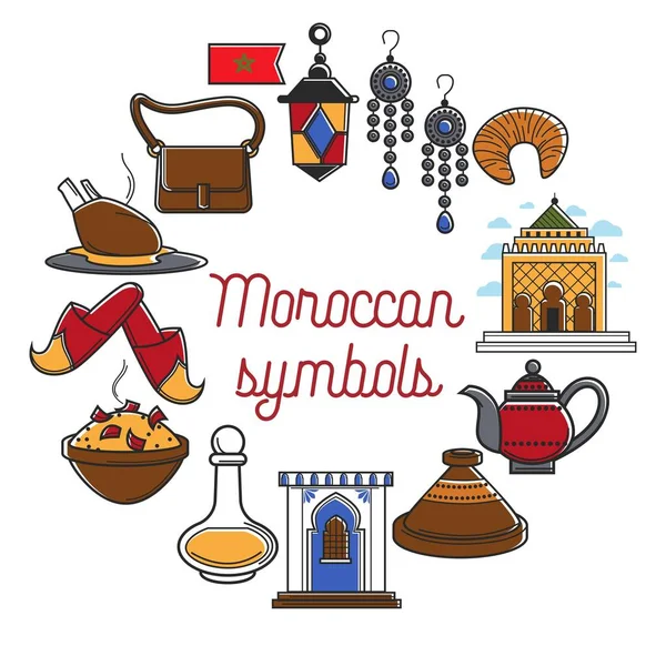 Marrocos Agência Viagens Promo Cartaz Informativo Com Símbolos Culturais Vestuário — Vetor de Stock