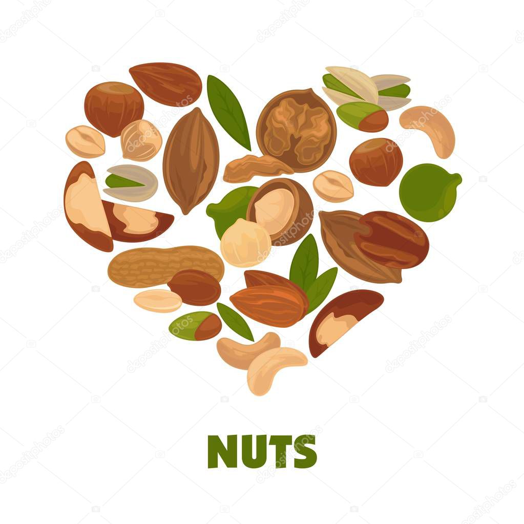 Delicious nutritious nuts advertisement banner with italic sign inside big circle isolated vector illustration . Healthy food full of vitamins and minerals commercial poster.