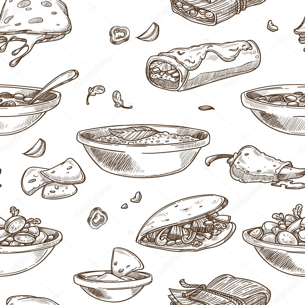 Mexican food cuisine traditional dishes sketch icon for restaurant menu seamless pattern. Mexico fajitas, quesadilla snack and yellow rice, bean soup with nachos and chilles relenos or chicken tamales with Mexican salsa salad