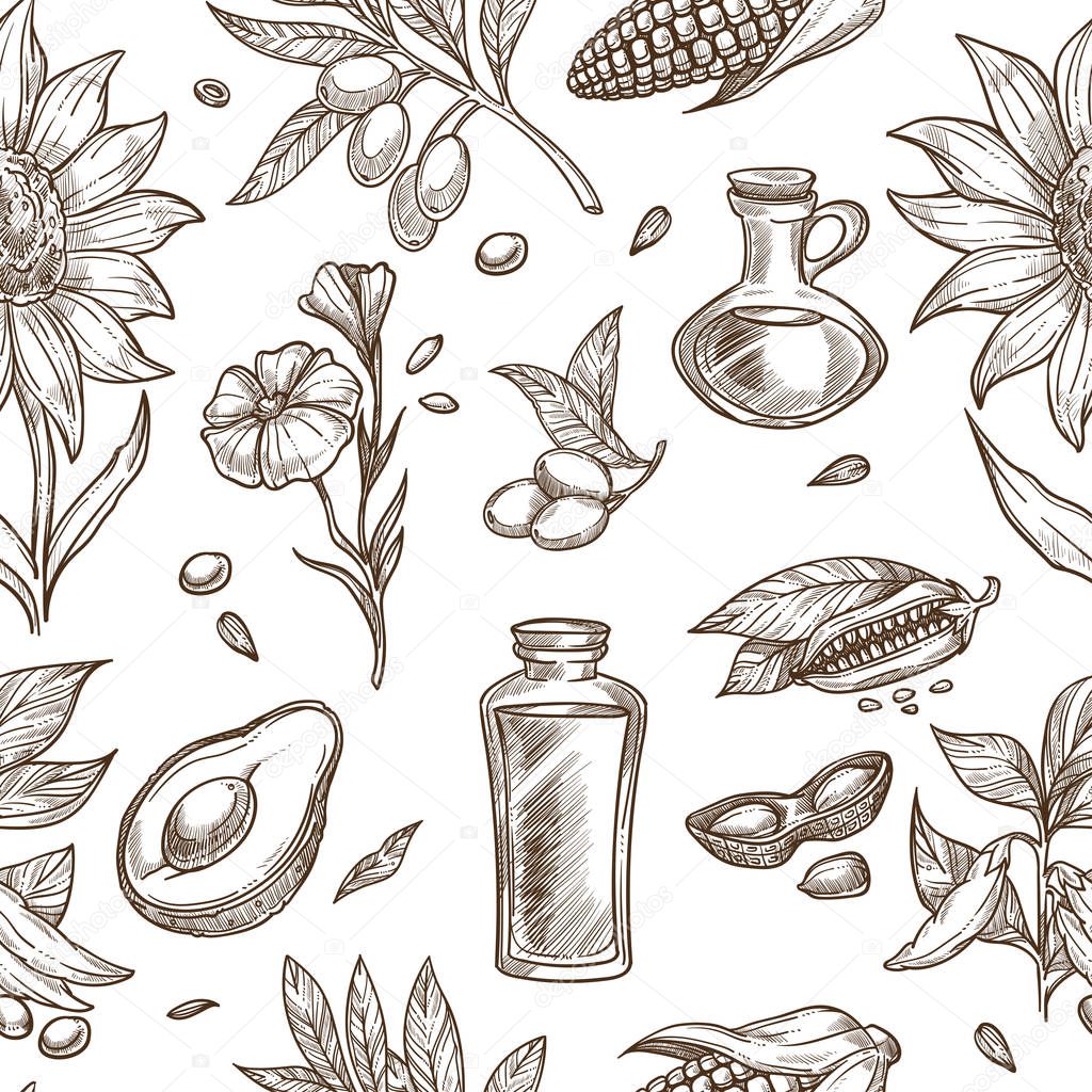 Oil collection of natural ingredients seamless pattern. Exotic avocado, fresh peanut, linen seed, ripe soybean, blooming sunflower, aromatic sesame, olive branch and corn from field monochrome vector illustrations.