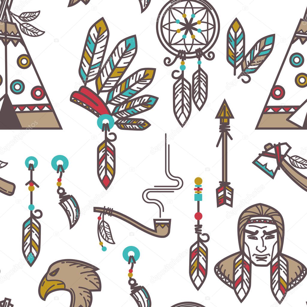 Native American Indians traditional culture symbols pattern background. Vector seamless design of Indigenous household and tribal icons wigwam hut, tomahawk weapon tools and smoking pipe