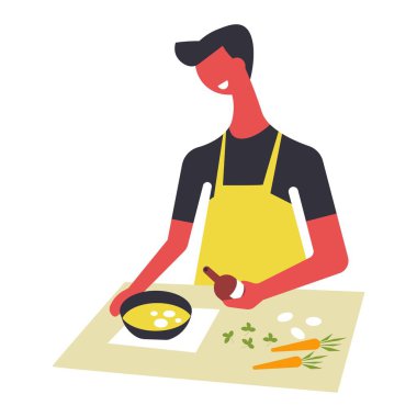 Önlük kadında aşçılar gıda ve kaseler hizmet vermektedir. Kadın karakter tablo yemekleri hazırlar. Kız plaka üzerinde yiyecek ve tencereye malzemeyi karıştırın. Usta aşçı ve dishware kursları vektör çizim ile.