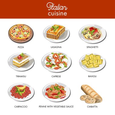 İtalyan mutfağı gıda geleneksel yemekleri makarna spagetti, pizza veya lazanya et, caprese peyniri ve sebze salatası, ciabatta ekmeği veya risotto pirinç ve tiramisu tatlı kek. İzole vektör simgeler