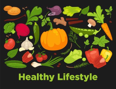 Organik sebze gıda afiş arka plan şablonu diyet vejetaryen yemek veya vegan diyet. Vektör sebze ve çiftlik sebzeler turp, domates ve biber veya marul salatası ve karnabahar lahana
