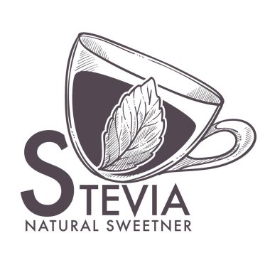 Stevia doğal tatlandırıcı, yaprak içki Kupası vektörde koymak. Tek renkli kroki anahat ile şeker, tatlı yerine çay içecek. Doğal sıvı bardağa dökülür tatlılık artırmak için kullanılan bitki