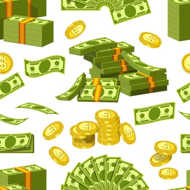 Dolar ve sent para banknot ve altın sent paraları simgeler seamless modeli. Vektör kağıt ve madeni para para kazık ve finans iş veya casino poker ikramiye nakit bankacılık için yığın oyunu kazanmak
