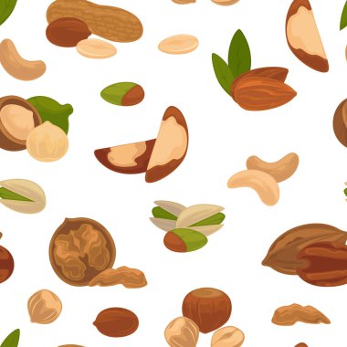 Beyaz arka plan üzerinde seamless modeli içindeki vitamin ve mineraller izole karikatür düz vektör çizimler lezzetli besleyici deli dolu. Doğal gıda sağlıklı yağlar sonsuz doku ile.