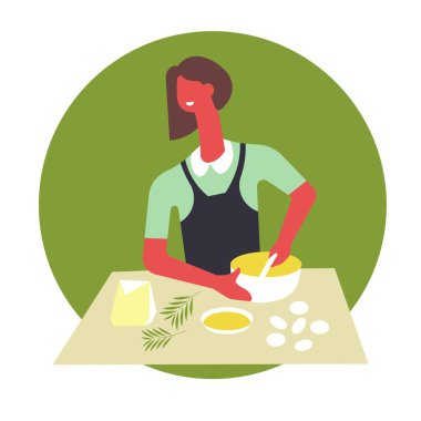 Önlük kadında aşçılar gıda ve kaseler hizmet vermektedir. Kadın karakter tablo yemekleri hazırlar. Kız plaka üzerinde yiyecek ve tencereye malzemeyi karıştırın. Usta aşçı ve dishware kursları vektör çizim ile.