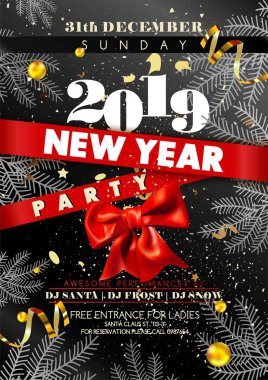 Yeni yıl partisi daveti poster tarih ve gün vektör ile. Yay Şerit'inde özel misafirler akşam, djs yaptı. Kış tatili, 2019 yaklaşıyor, çam çam dalları, konfeti kutlama