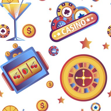 Casino kumar oyunları ve dolar paraları Dikişsiz desen vektör. 777 ve rulet görüntüleri, portakal dilimi ve kartları, kokteyl ile elmas ve maça. Para kazanmak için oyun şans