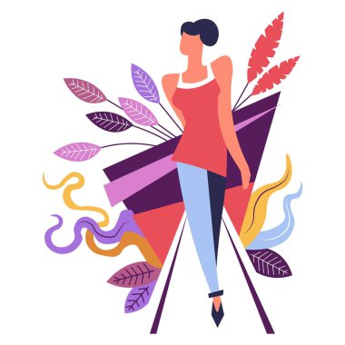 Modelleme, düz, yeşillik dekor öğeleri vektör yürüyen kadın moda. Güzel kız modeli şık elbise, ceket ve pantolon kadın giyiyor. Glamour kişi topuklar, dekorasyon yaprakları üzerinde