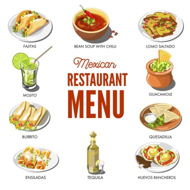 Yemek yemekler fajitas, fasulye biber çorbası, lomo saltado aperatif ya da börek ve quesadilla Meksika yemeği mutfağı geleneksel yemekleri. tekila ve mojito içer. Meksika Restoran Menü için vektör simgeler