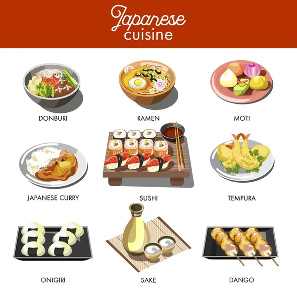 Cocina Japonesa Platos Tradicionales Ramen Udon Donburi Fideos Onigiri Mariscos — Vector de stock