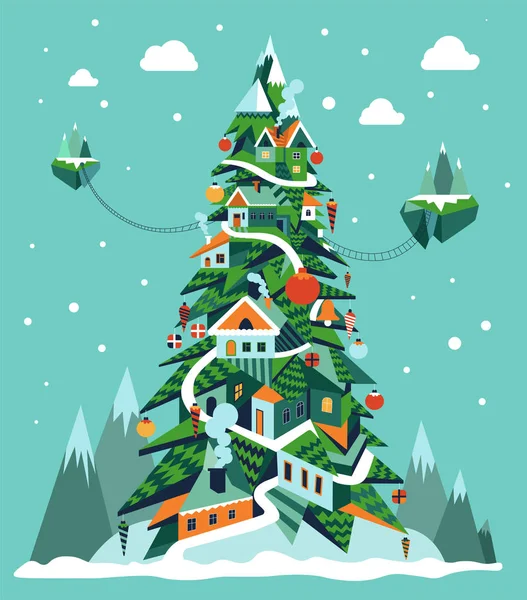 由房屋和建筑物向量组成的圣诞树 建筑与入口和窗户 构成了冬季假期的象征性项目 通往岛屿的路径和梯子进入下雪的天空 — 图库矢量图片