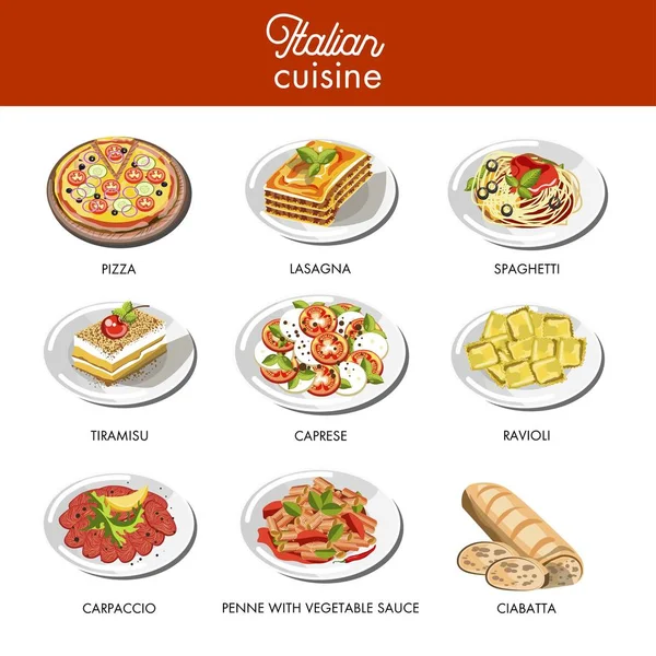 イタリア料理伝統的なティラミス チャバタのパンやリゾットの米 チーズと野菜のカプレーゼ パスタ スパゲティ ピザやラザニア肉料理デザート ケーキ 分離されたベクトルのアイコン — ストックベクタ