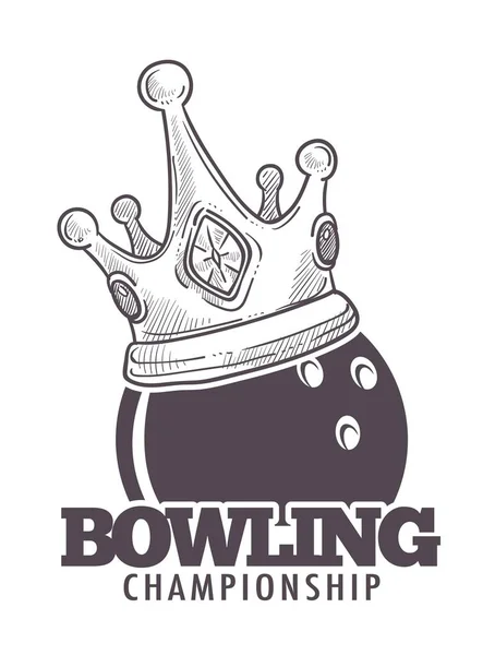 Bowling league poster with ball and skittle monochrome sketch outline vector. Sport and hobby of people, recreation with active fun game, competition playing. Motion tournament logotype emblem