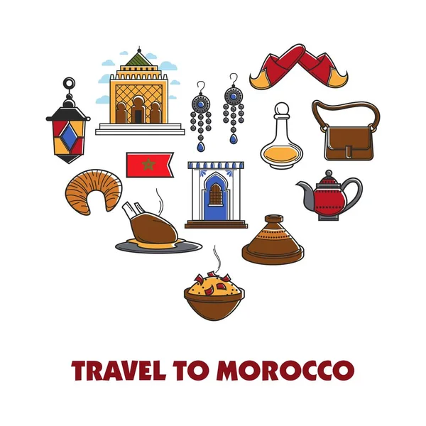 Marokko Reisebüro Promo Informatives Plakat Mit Kulturellen Symbolen Elegante Kleidungsstücke — Stockvektor