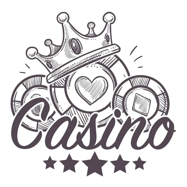 赌场海报 赌博玩扑克与筹码向量 无色单色素描轮廓与皇家富有的皇冠 心脏和钻石上的游戏对象 无色日冕和一排的星星 — 图库矢量图片