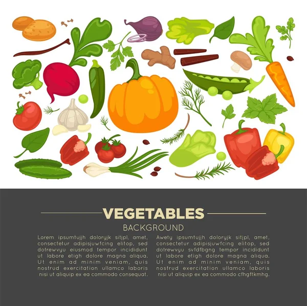 Organic Verdure Cibo Poster Modello Sfondo Dieta Vegetariana Dieta Vegana — Vettoriale Stock