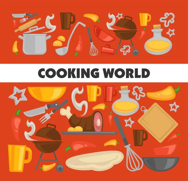 Μαγείρεμα Κουζίνα Σκεύη Και Υλικά Αφίσα Διάνυσμα Σεφ Μαγειρικά Σκεύη — Διανυσματικό Αρχείο