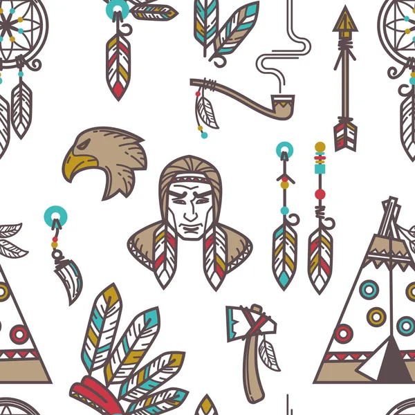 Indiani Nativi Americani Cultura Tradizionale Simboli Modello Sfondo Design Vettoriale — Vettoriale Stock