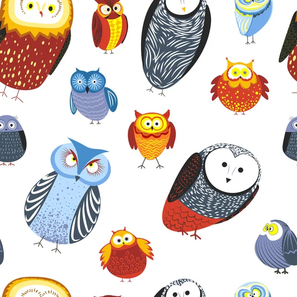 Baykuşlar çizgi film çocuk komik karakterlerle tüy süsleme seamless modeli. Vektör izole bir baykuş kuş türü dekorasyon geçiş yumuşatma renkli soyut desen tüyleri düz simgeler