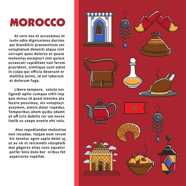 Marokko Reisbureau Promo Informatieve Poster Met Culturele Symbolen Elegante Kleding — Stockvector