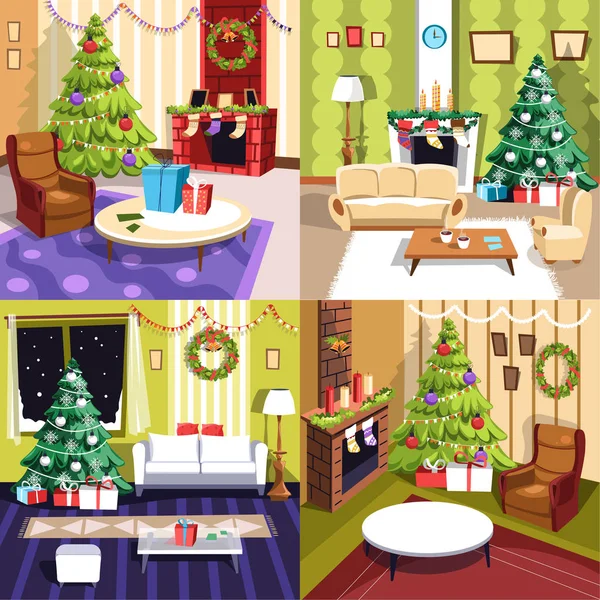 Navidad Vacaciones Invierno Muebles Interior Las Habitaciones Vector Apartamento Con — Vector de stock