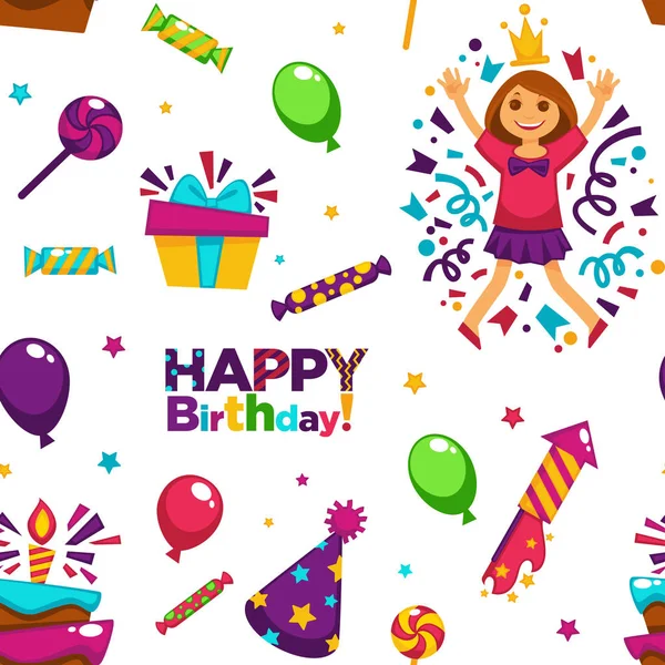 愉快的生日派对与气球无缝模式向量 小女孩戴皇冠庆祝节日 目前盒与带火蜡烛的丝带蛋糕 面包店与奶油 糖果和棒糖 — 图库矢量图片