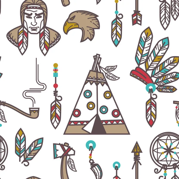 아메리카 원주민 인디언 원주민 가계와 아이콘 Wigwam 오두막 도구와 파이프의 — 스톡 벡터
