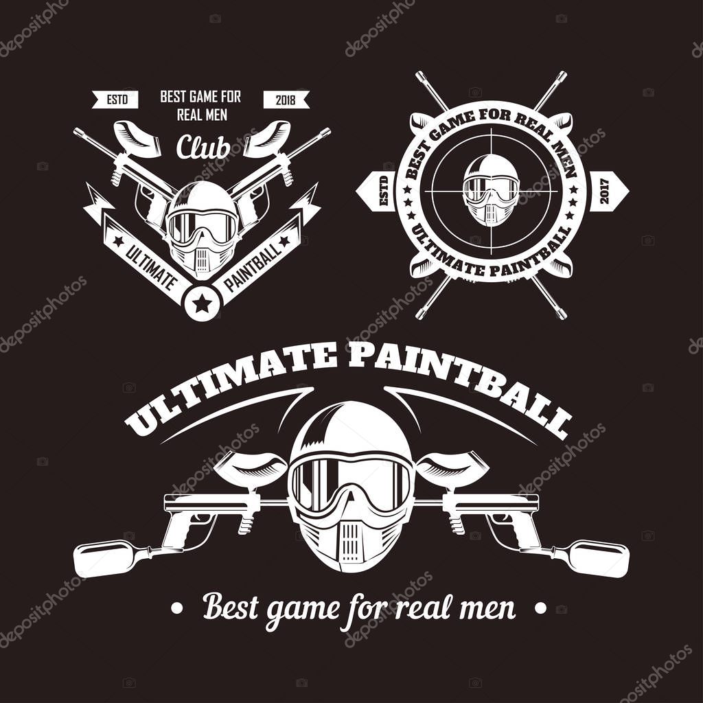 Paintball game sport club logo templates of gamer shooting target or paint ball gun and man skull in paintball mask with ribbons and stars. Vector isolated icons set