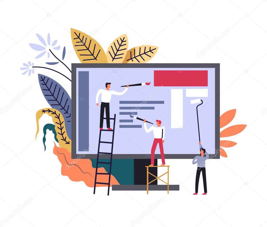 Media broadcasting, web site development by developers, working people vector. Man painting screen of computer, optimization process of page, content filling, managers. Foliage and leaves decor
